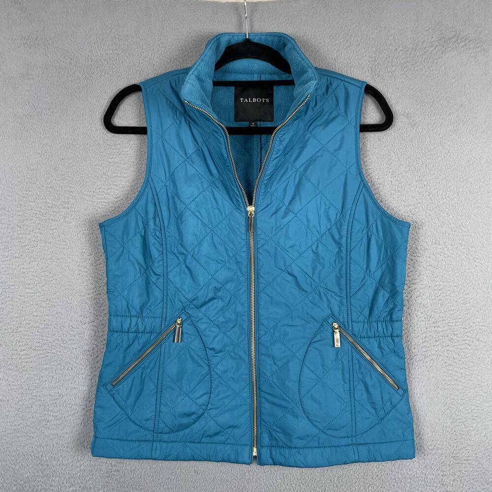 Talbots Vest Womens Small Teal Blue Quilted Zip Front Fleece Lined Pockets